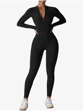 Amazon Women's Black Long-Sleeve Zip-Front Jumpsuit